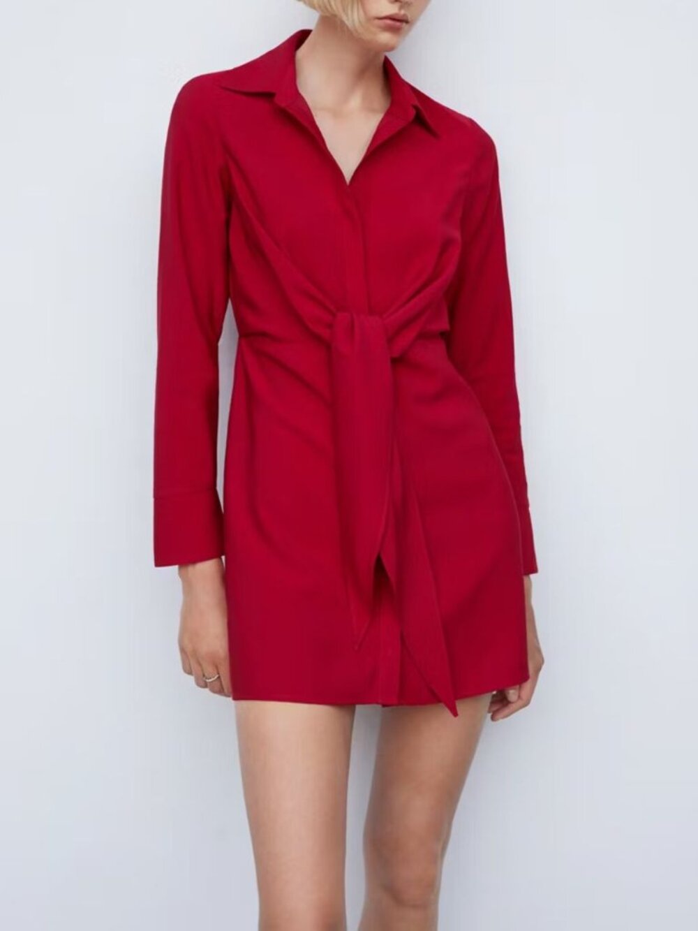 Mango Shirt-style Mini Dress | Casual, Red, Long sleeves, Knot Detail | NWT